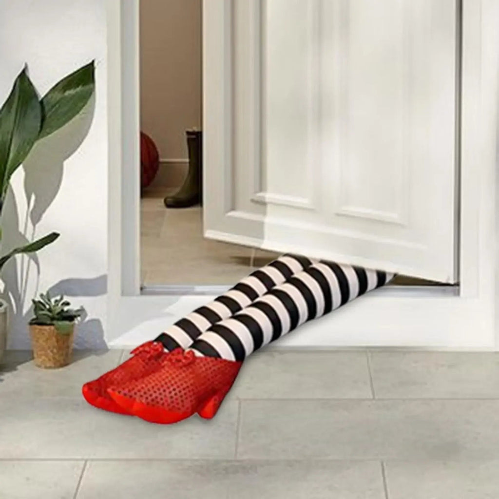Halloween Witch Legs Decoration Door Stopper with Striped Plush and Red Sequin Shoes for Party Decor