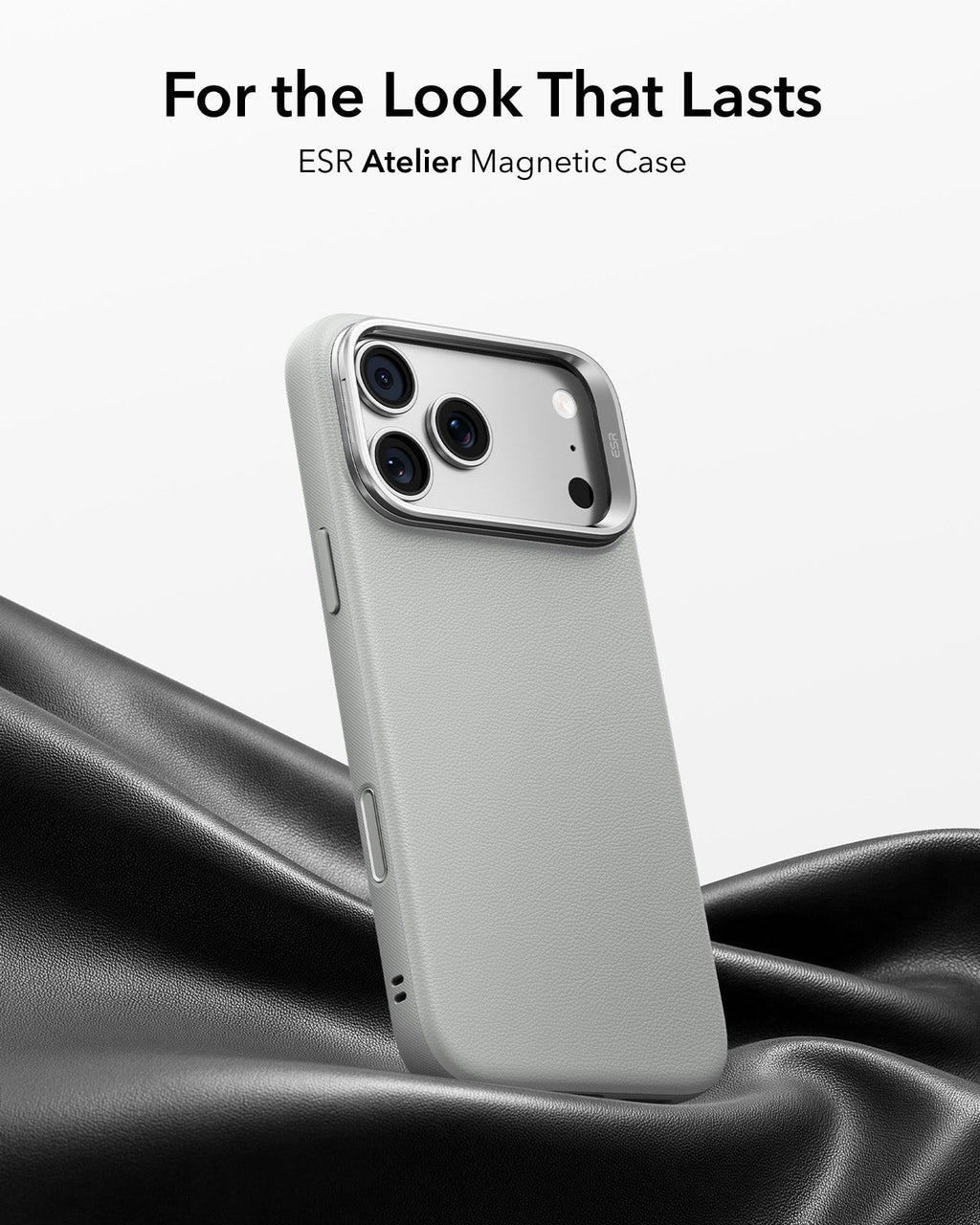 iPhone 2026 Pro Atelier Vegan Leather Magnetic Case with Camera Control and Flex Stand - Light Gray