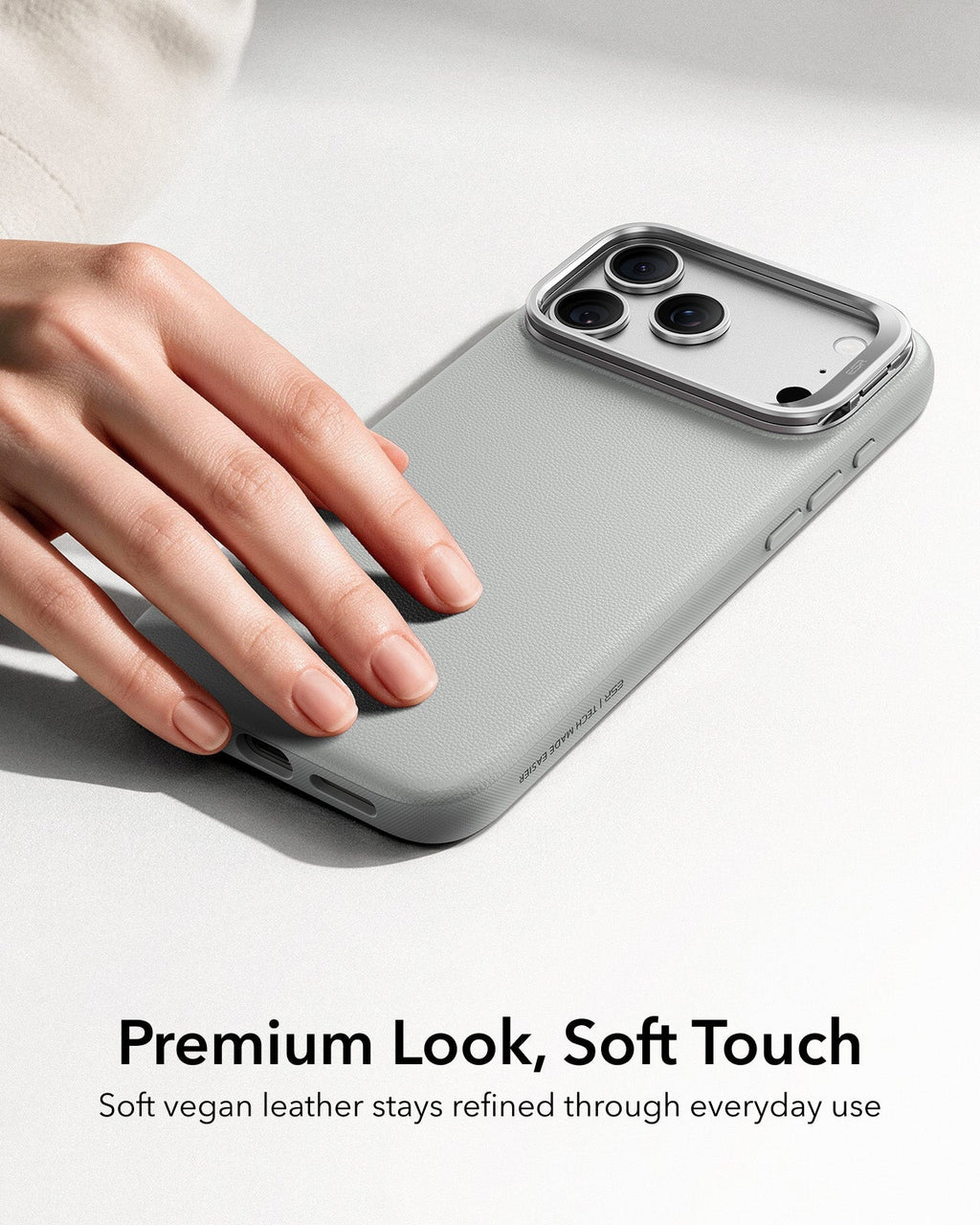 iPhone 2026 Pro Atelier Vegan Leather Magnetic Case with Camera Control and Flex Stand - Light Gray