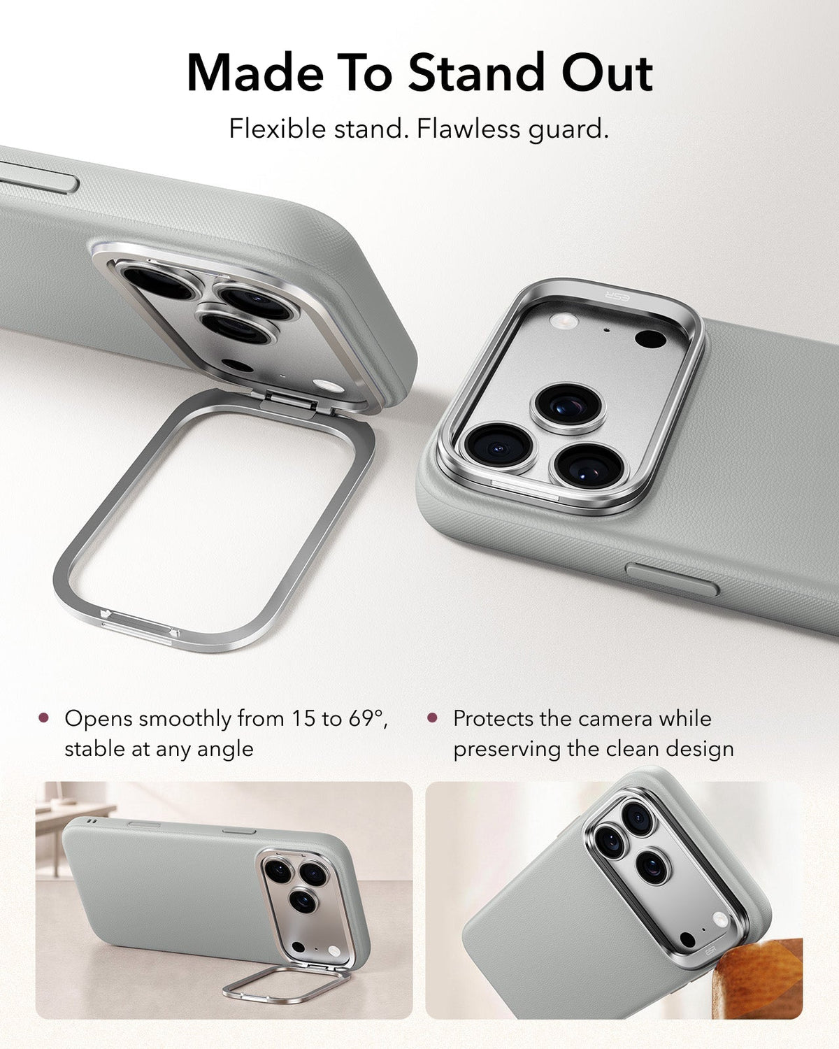 iPhone 2026 Pro Atelier Vegan Leather Magnetic Case with Camera Control and Flex Stand - Light Gray