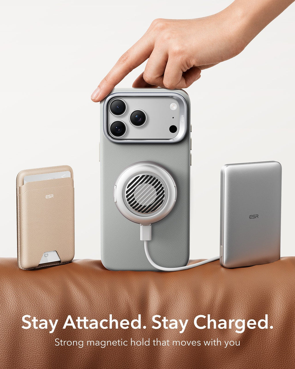 iPhone 2026 Pro Atelier Vegan Leather Magnetic Case with Camera Control and Flex Stand - Light Gray