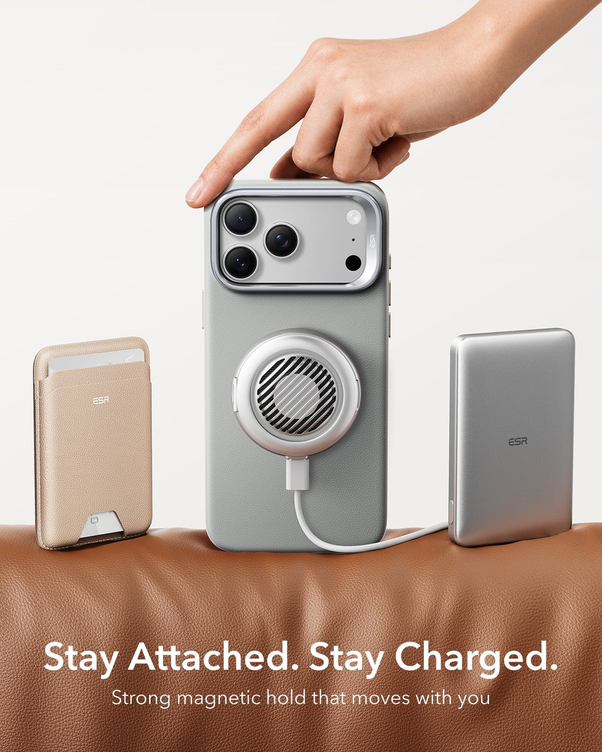 iPhone 2026 Pro Atelier Vegan Leather Magnetic Case with Camera Control and Flex Stand - Light Gray