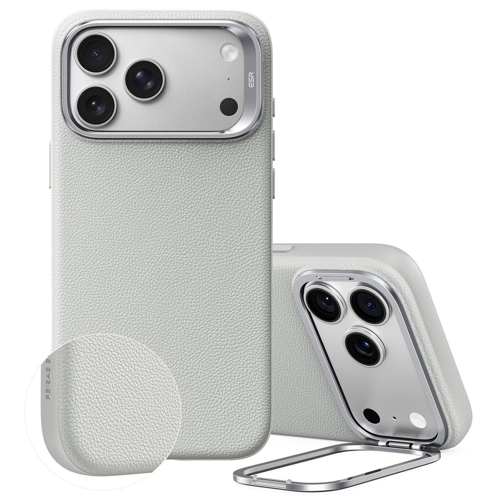 iPhone 2026 Pro Atelier Vegan Leather Magnetic Case with Camera Control and Flex Stand - Light Gray