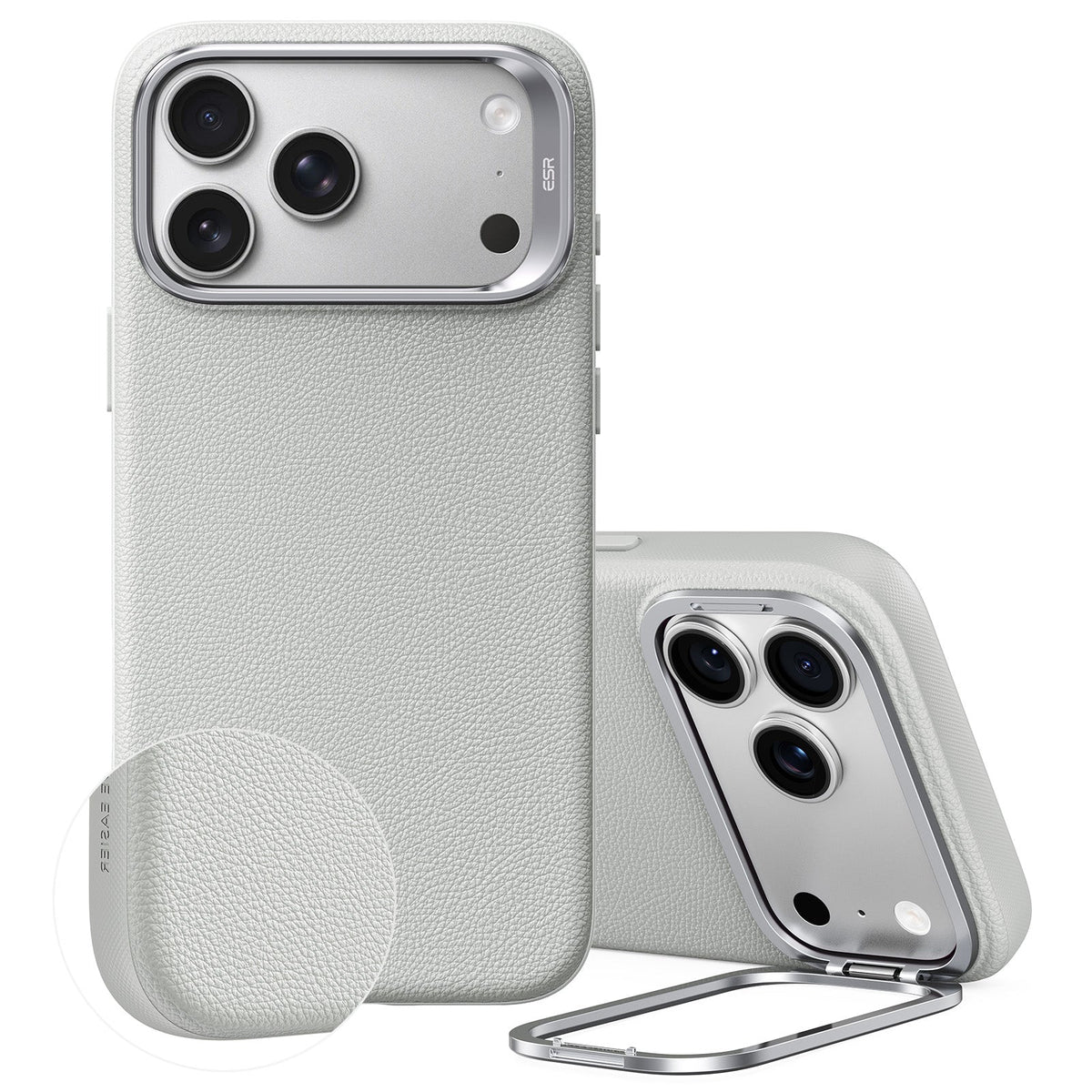 iPhone 2026 Pro Atelier Vegan Leather Magnetic Case with Camera Control and Flex Stand - Light Gray