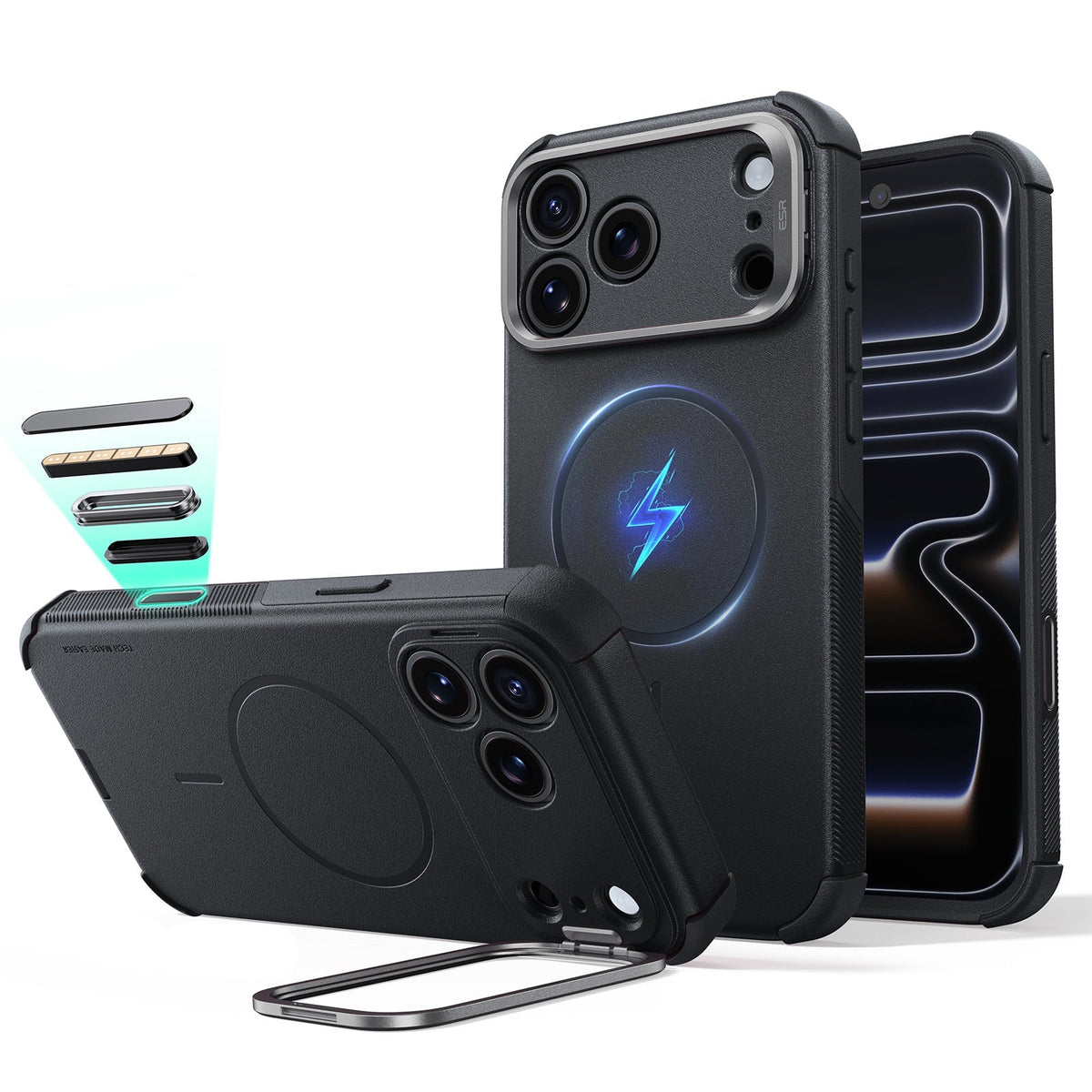iPhone 2026 Pro Cyber Tough Magnetic Case with Camera Control and Flex Stand - Black