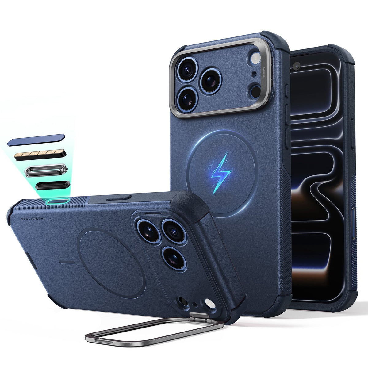 iPhone 2026 Pro Cyber Tough Magnetic Case with Camera Control and Flex Stand - Navy Blue