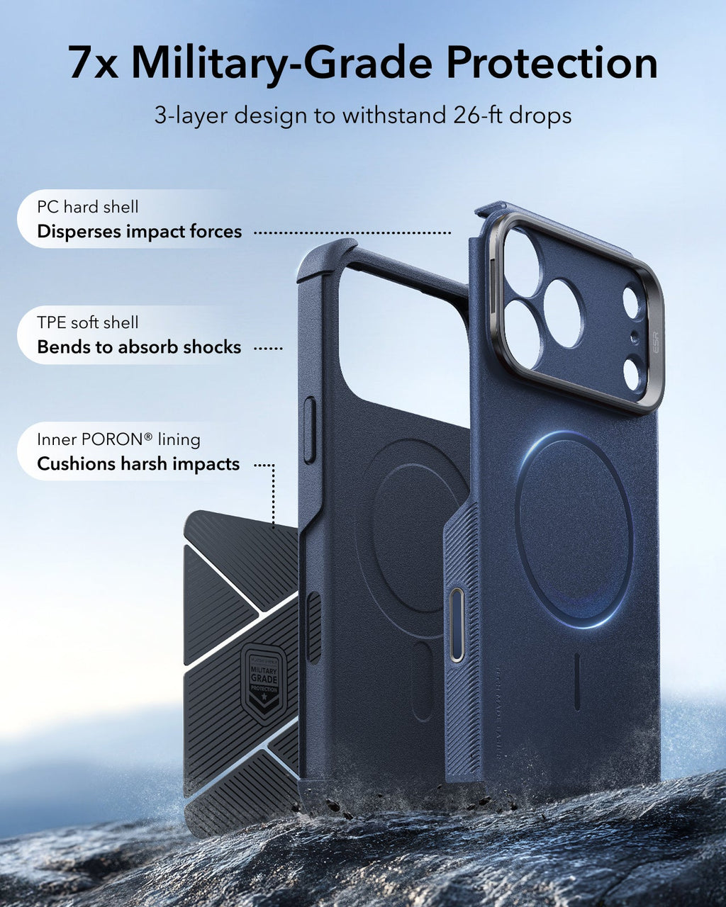 iPhone 2026 Pro Cyber Tough Magnetic Case with Camera Control and Flex Stand - Navy Blue