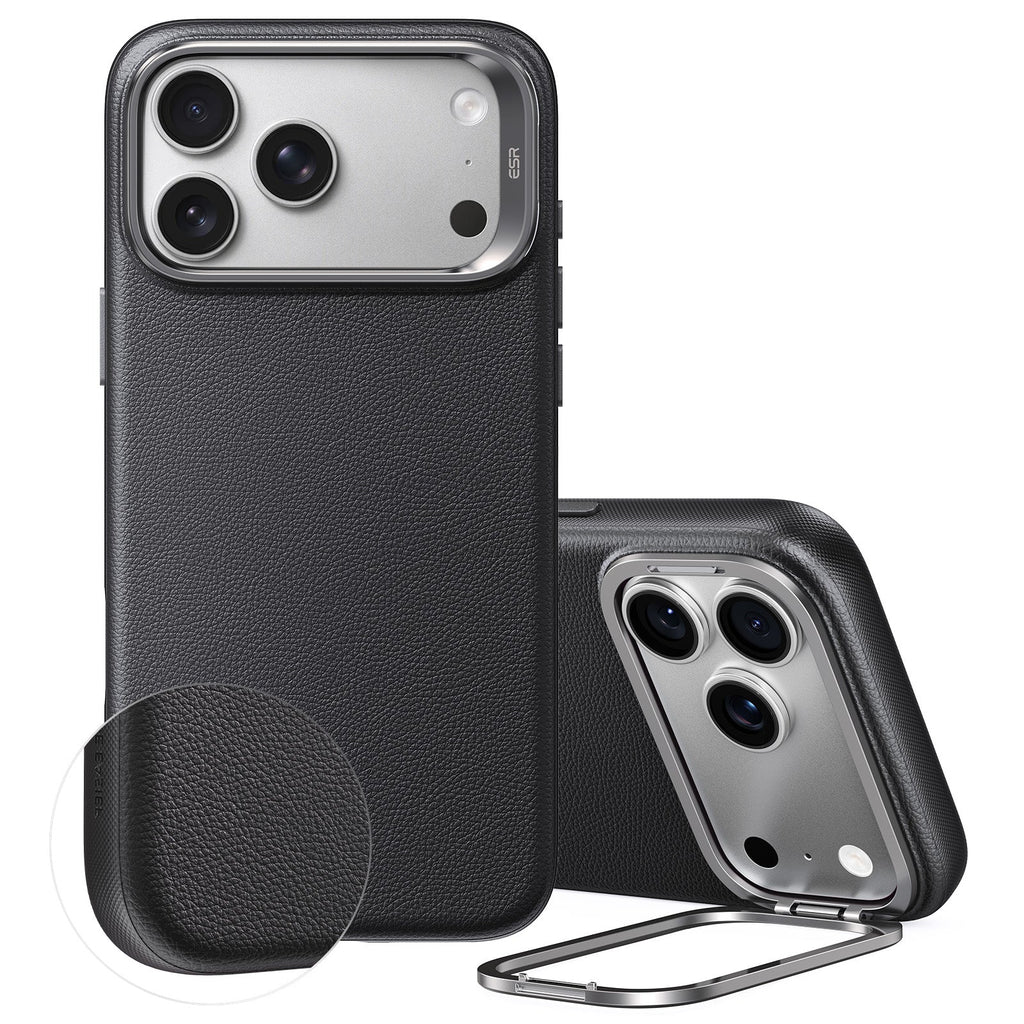 iPhone 2026 Pro Max Atelier Vegan Leather Magnetic Case with Camera Control and Flex Stand - Black
