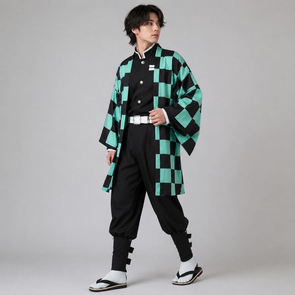 Kids' Halloween Anime Cosplay Costume with Checkered Haori Jacket and Character Accessories for Party