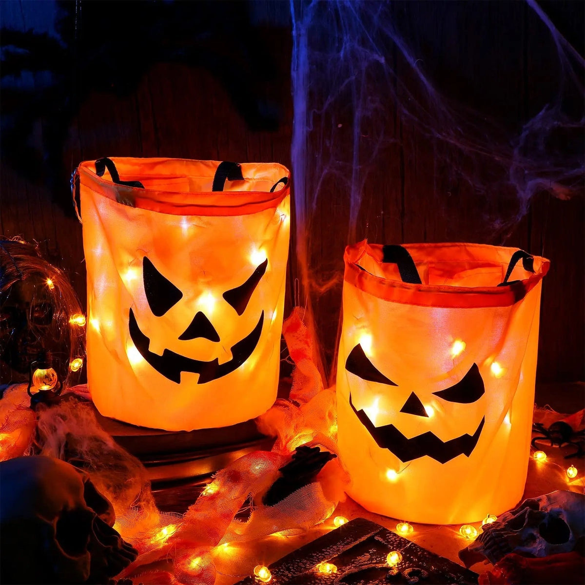 Kids' Halloween Candy Bucket and Bag with LED Light-Up Jack-O'-Lantern Pumpkin Pail for Trick or Treat