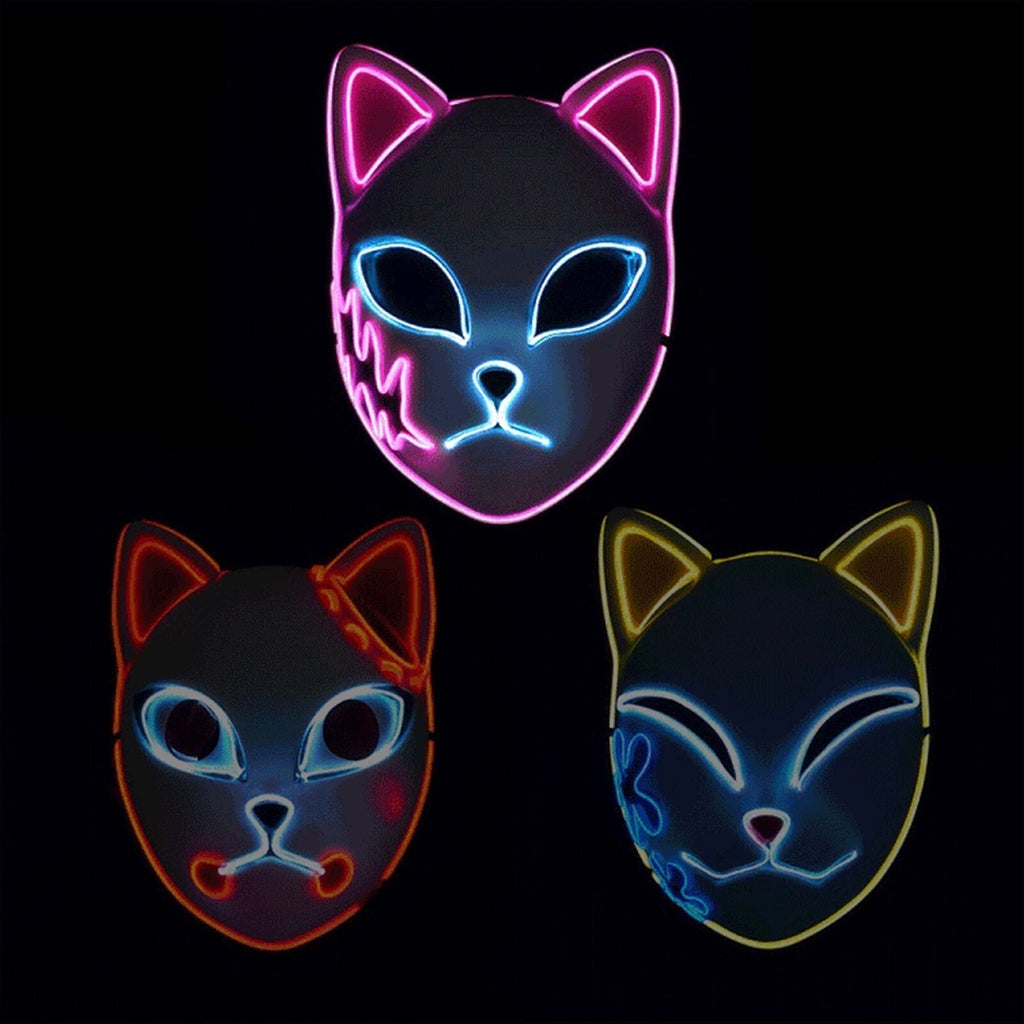 Men's Halloween LED Fox Kitsune Mask with Light-Up Japanese Demon Design for Cosplay Party Costume