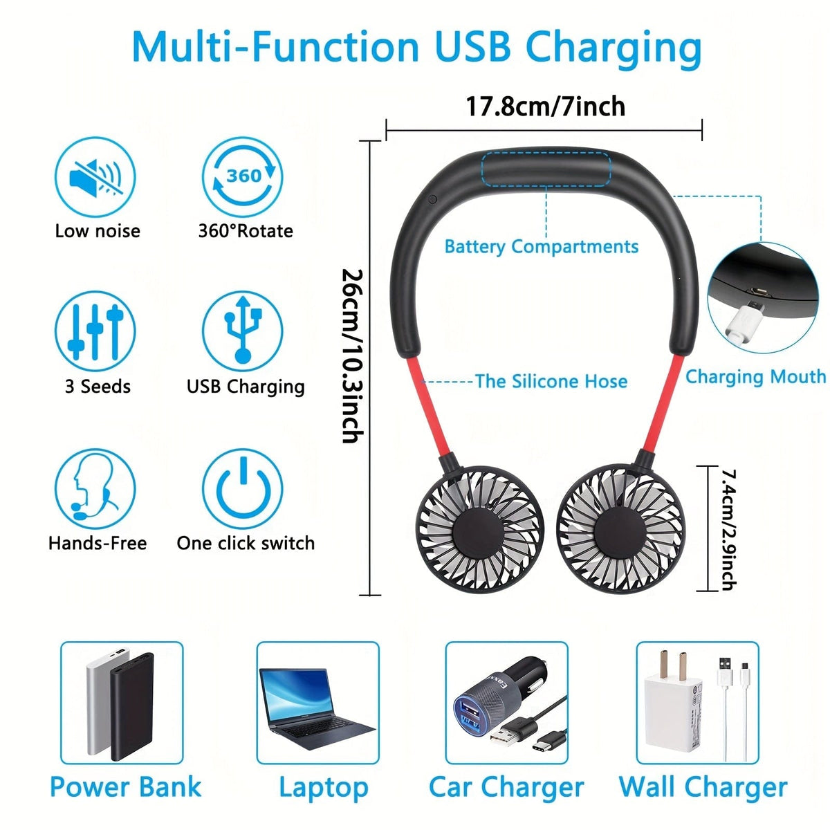 1pc USB Rechargeable Portable Neck Fan - Hands-Free Personal Wear Fan with 360° Adjustable 3-Speed Settings for Travel, Office, Home, and Outdoor Use | zavevo