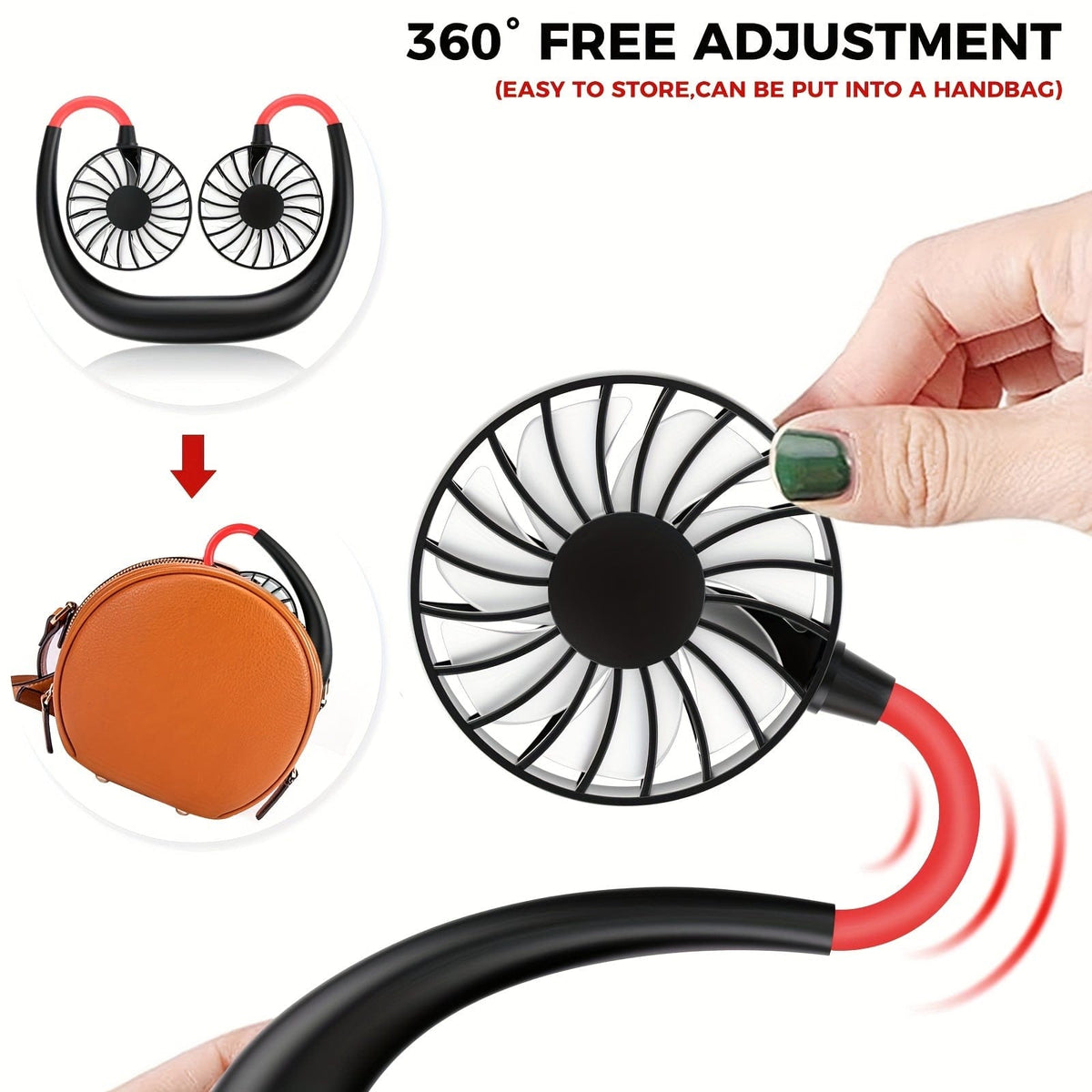 1pc USB Rechargeable Portable Neck Fan - Hands-Free Personal Wear Fan with 360° Adjustable 3-Speed Settings for Travel, Office, Home, and Outdoor Use | zavevo