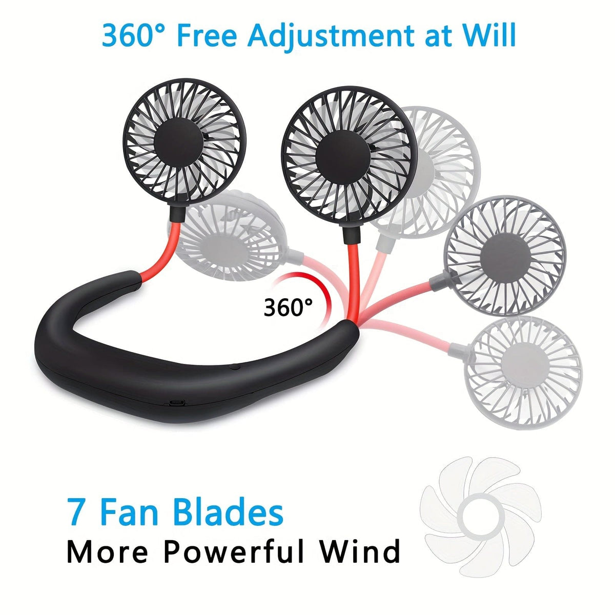 1pc USB Rechargeable Portable Neck Fan - Hands-Free Personal Wear Fan with 360° Adjustable 3-Speed Settings for Travel, Office, Home, and Outdoor Use | zavevo
