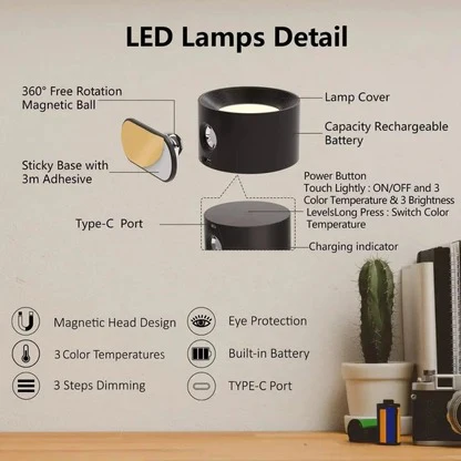 Rechargeable Wall Sconce with 360° Magnetic Mount and Wireless LED Lighting Outdoor