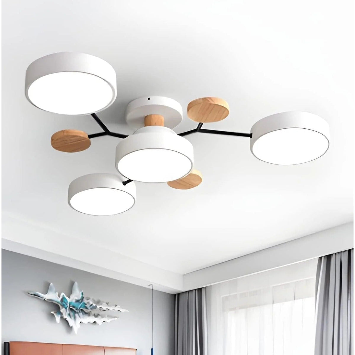 Semi Flush Ceiling Light Fixture with Modern Wood Accents for Bedroom Fan