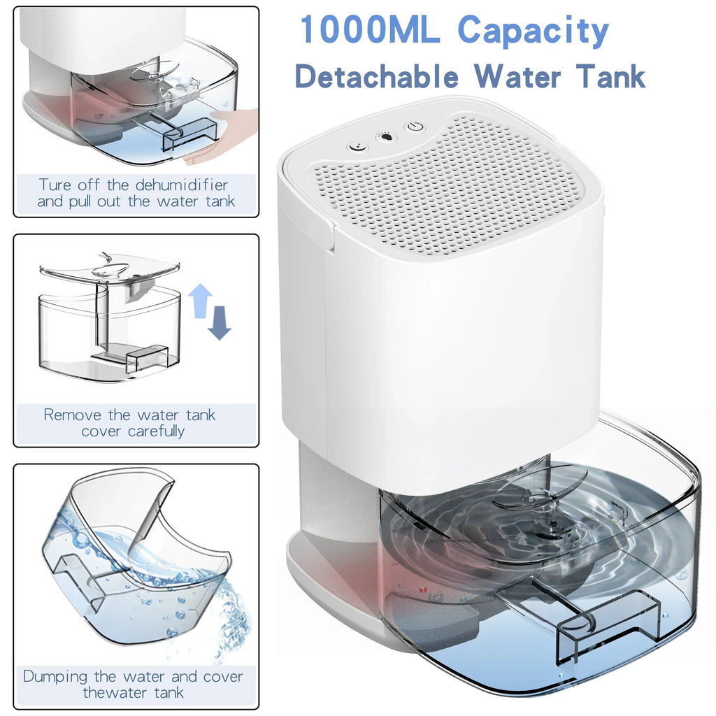 Small Dehumidifier for Bedroom and Room with 1000ml Tank Night Light and Air Purifier