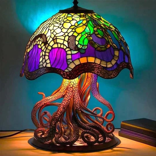 Stained Glass Table Lamp with Green and Effect Decorative Resin Shade with Warm LED Light