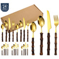 Stainless Steel Cutlery and Flatware Set with Bamboo Handle 24-Piece Dining Silverware
