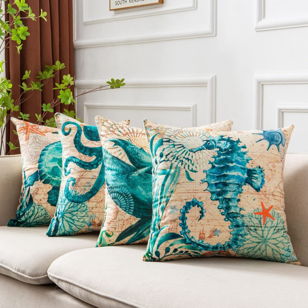 Throw Pillow Covers and Couch Cushion with Decorative Marine Life Prints Square Linen Set of 4