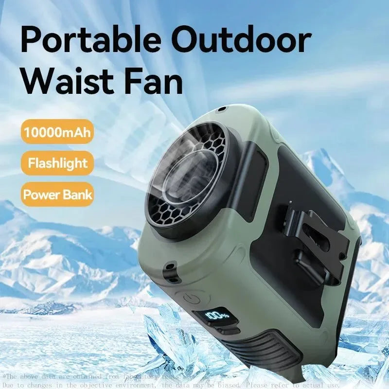 10000mAh Portable Outdoor Waist Fan – Hanging Neck & Strong Wind with Power Bank & LED Lighting | zavevo