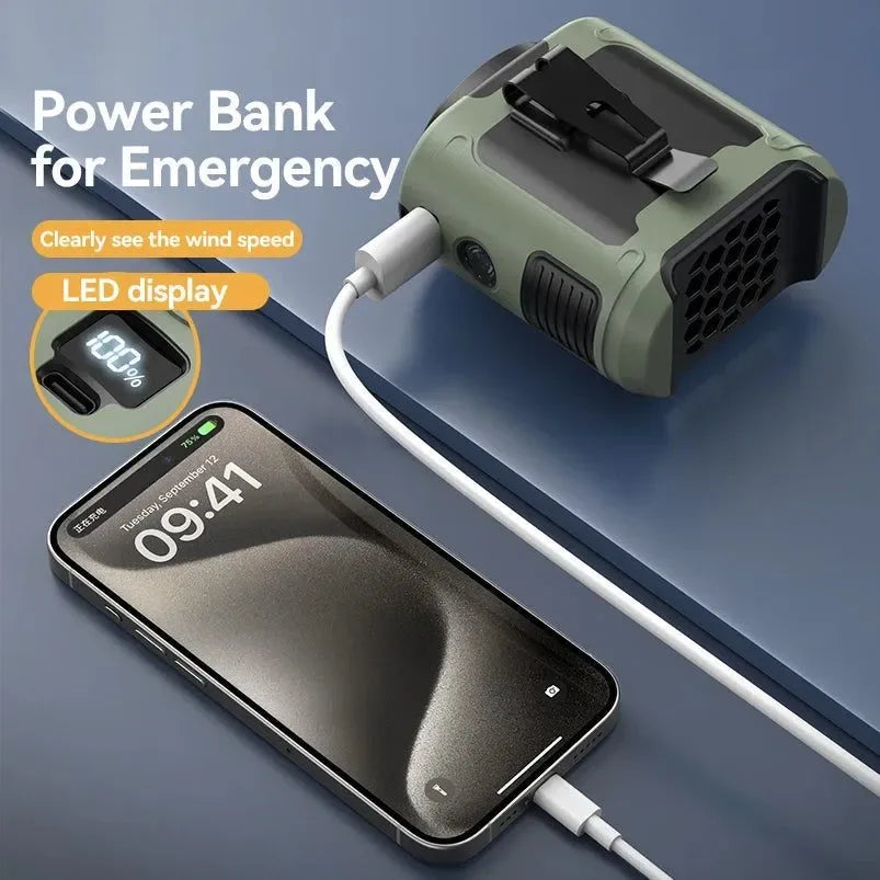 10000mAh Portable Outdoor Waist Fan – Hanging Neck & Strong Wind with Power Bank & LED Lighting | zavevo