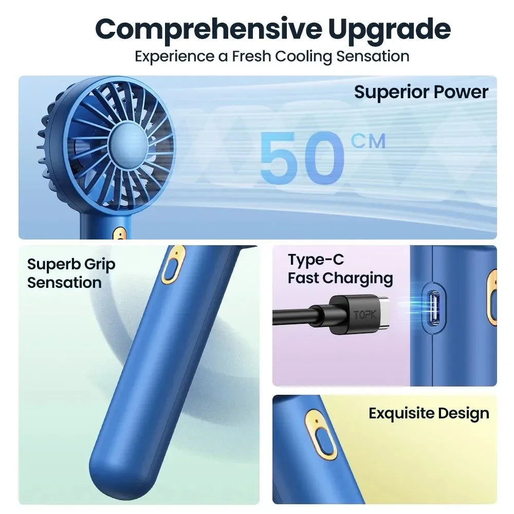 1800mAh Rechargeable Mini Portable Fan - USB Personal Handheld Electric Fan with 3 Speeds for Room, Camping, and Indoor Use | zavevo