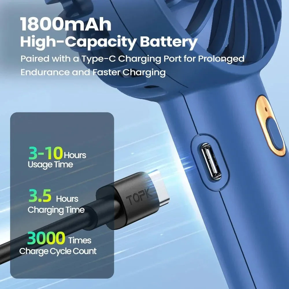 1800mAh Rechargeable Mini Portable Fan - USB Personal Handheld Electric Fan with 3 Speeds for Room, Camping, and Indoor Use | zavevo
