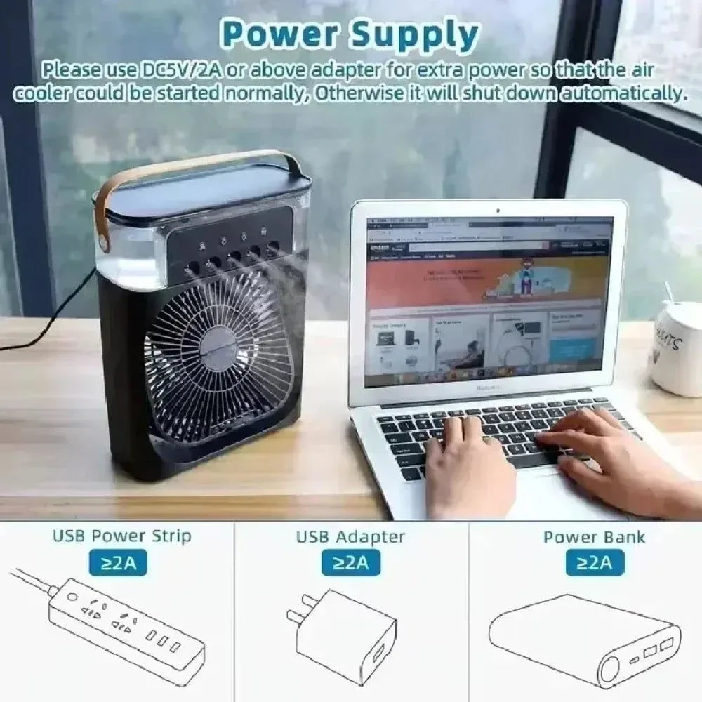 3-in-1 Portable Air Cooler with LED Lights – USB-Powered Desktop Fan, Humidifier & Night Light | zavevo