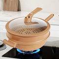 Wok Pan Non Stick Steamer Basket Glass Lid Speckled